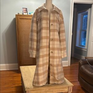 River Island Beige and Cream Plaid Long Trench Coat